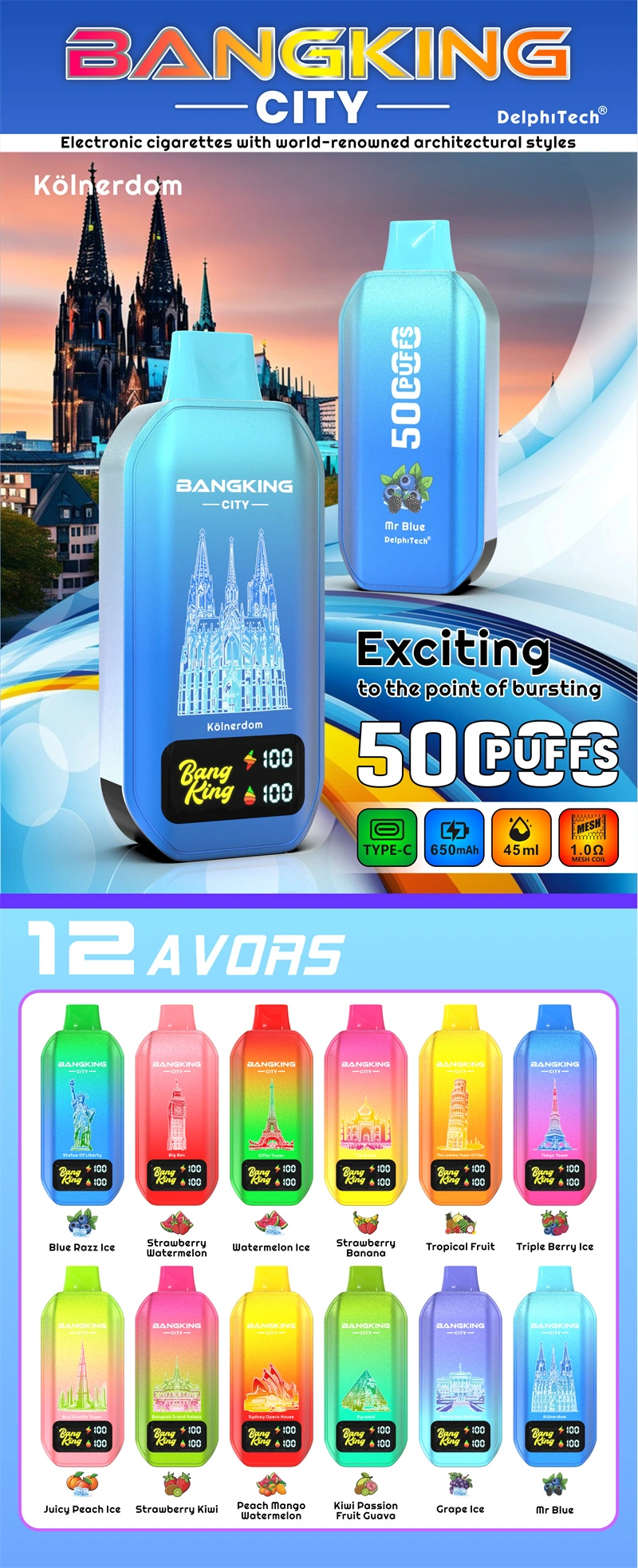 Bang King City 50000 Puffs 50k Smart Screen eldobható Vape Shop Store Online kínai raktár 14 PuffWild Bang King 50000 Puffs City eldobható vape