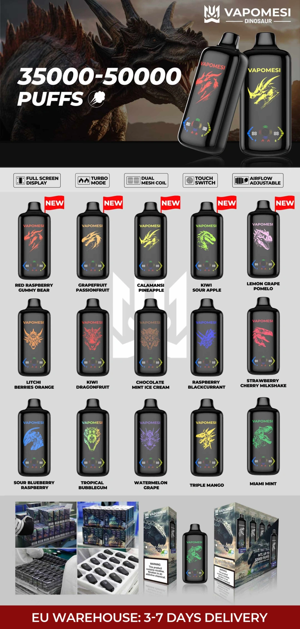 Vapomesi Dinosaur 50000 Puffs 50k High Puff Eldobható Vape Vásárlás online Vape Kit EU Warehouse 14 PuffWild Vapomesi Dinosaur 50000 Puffs eldobható vape