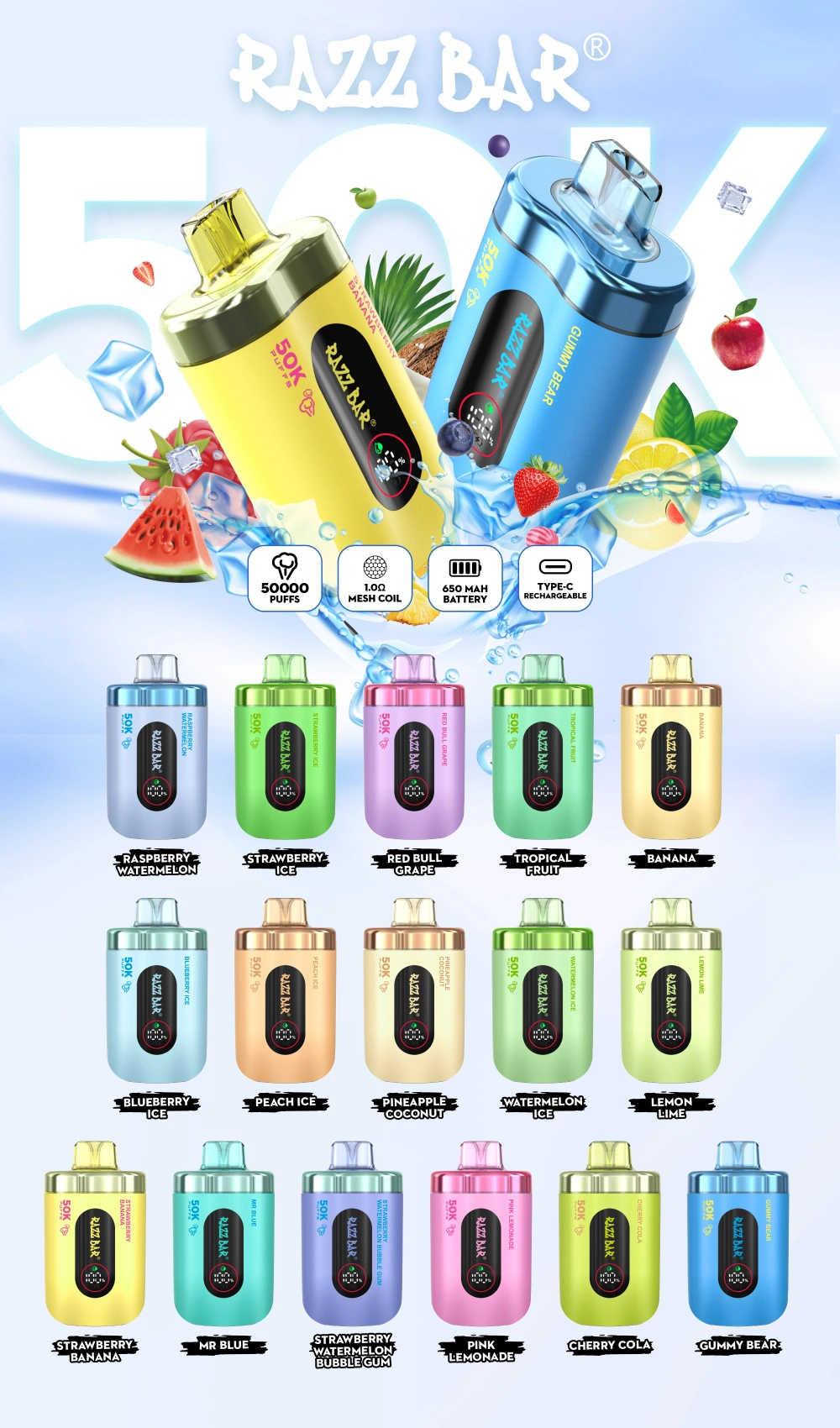 EU Vape Razz Bar 50000 Puffs High Puff Jednorázová elektronická cigareta Vape Shop Store Online Rychlé dodání