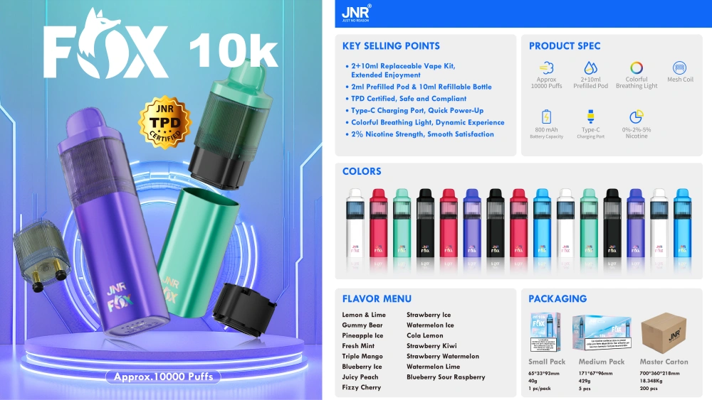 Puff JNR 10000 soffi 10K olio ricaricabile colorato respirabile luce usa e getta Vape Pen spedizione gratuita