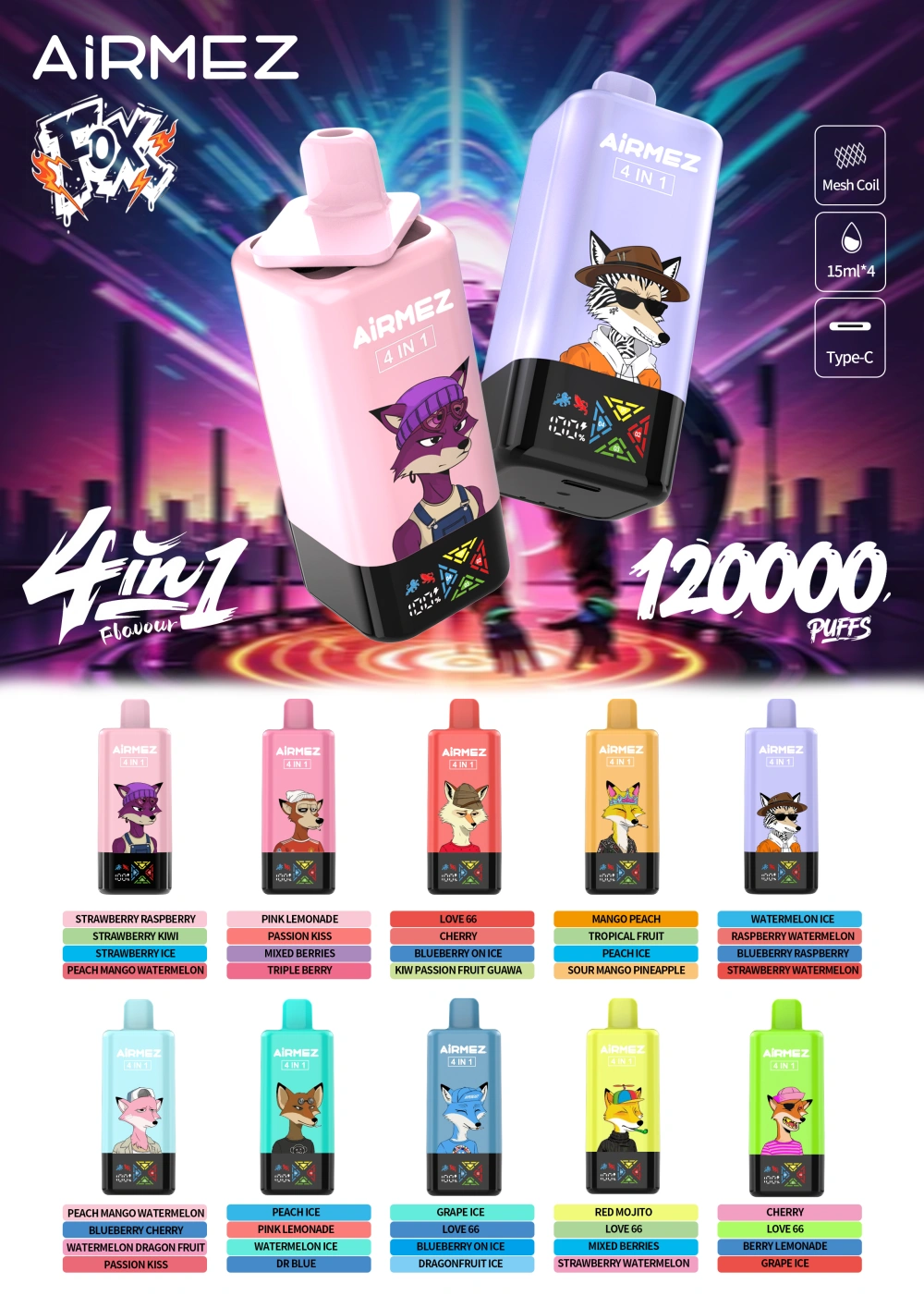 EU Warehouse Airmez Fox 12000 Puffs 120k Disposable Vape Pen 4 in 1 Wholesale Free Shipping 16 Puffwild Airmez Fox 12000 Puffs Disposable Vape