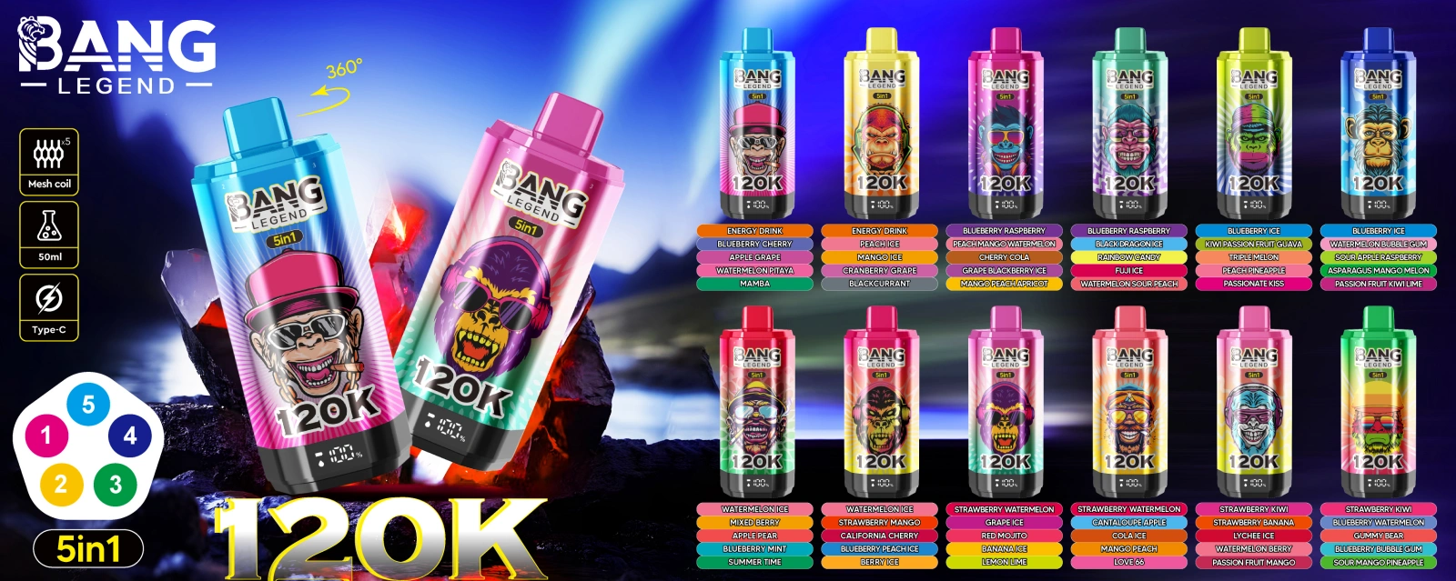 Puff Bang 120k Puffs 120000 Legend 5 in 1 Rechangeable Disposable Vape Wholesale 14 Puffwild Bang 120k Puffs 120000 Legend Vape jetable