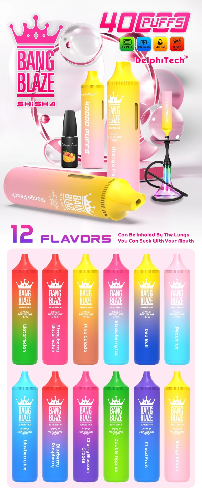 Single Vape 40k Buy 2 Pieces Retail Shop Hot Sample Order Bang Blaze 12 Puffwild Single Vape 40k Comprar 2 peças Loja de venda a retalho Encomenda de amostras quentes Bang Blaze