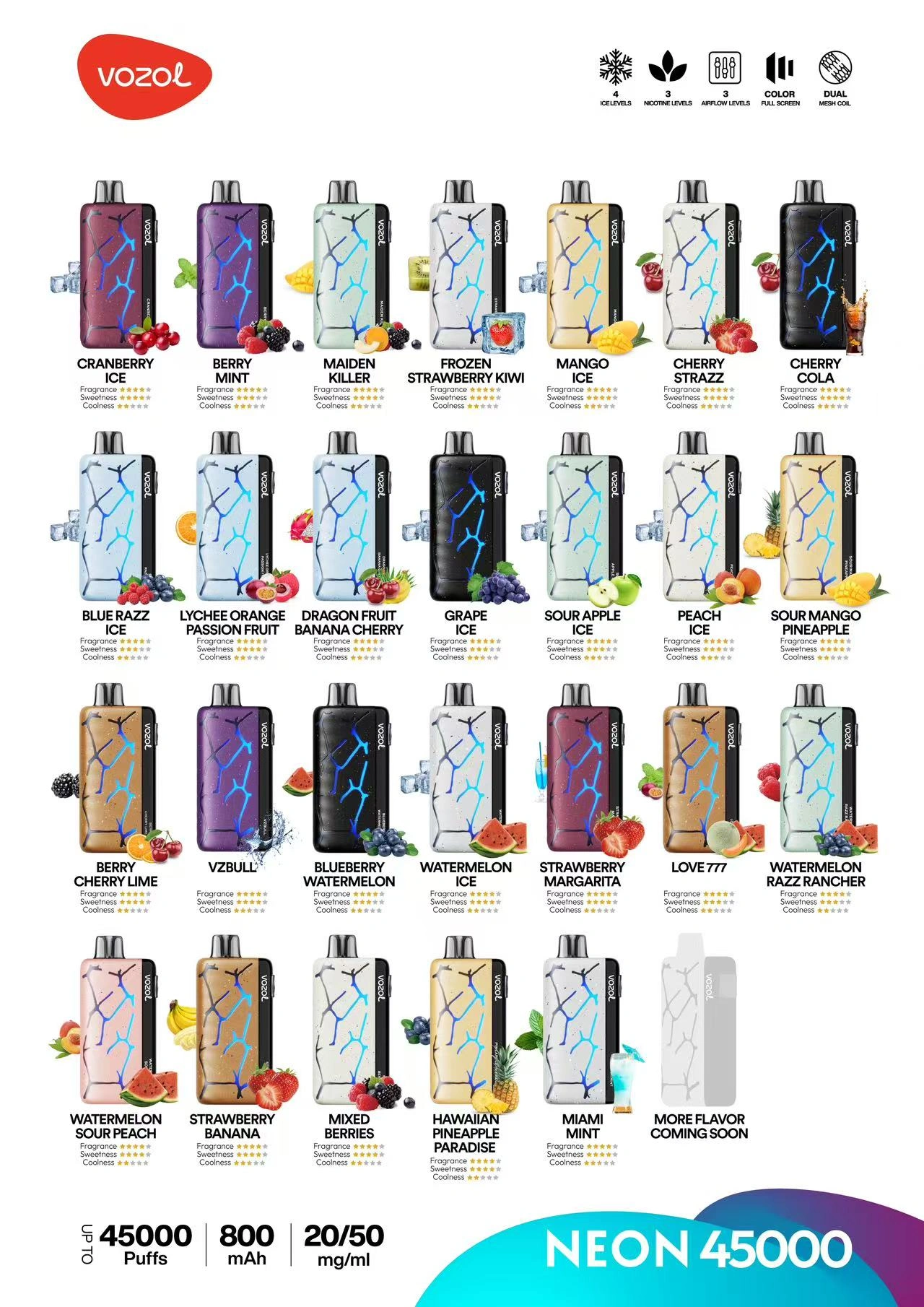 Vozol Neon 45000 Puffs 45K Ice & Nicotine Control Color Full Screen Disposable Vape Wholesale Free Shipping 8 Puffwild Vozol Neon 45000 Puffs Disposable Vape