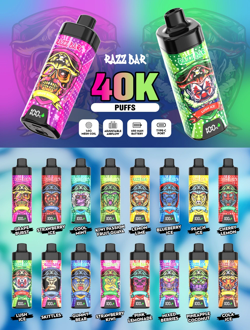 Puff 40k Razz Bar 40000 Puffs With Smart Screen Disposable Vape Wholesale New 2025 Hot 12 Puffwild Razz Bar 40000 Puffs s inteligentní obrazovkou na jedno použití Vape