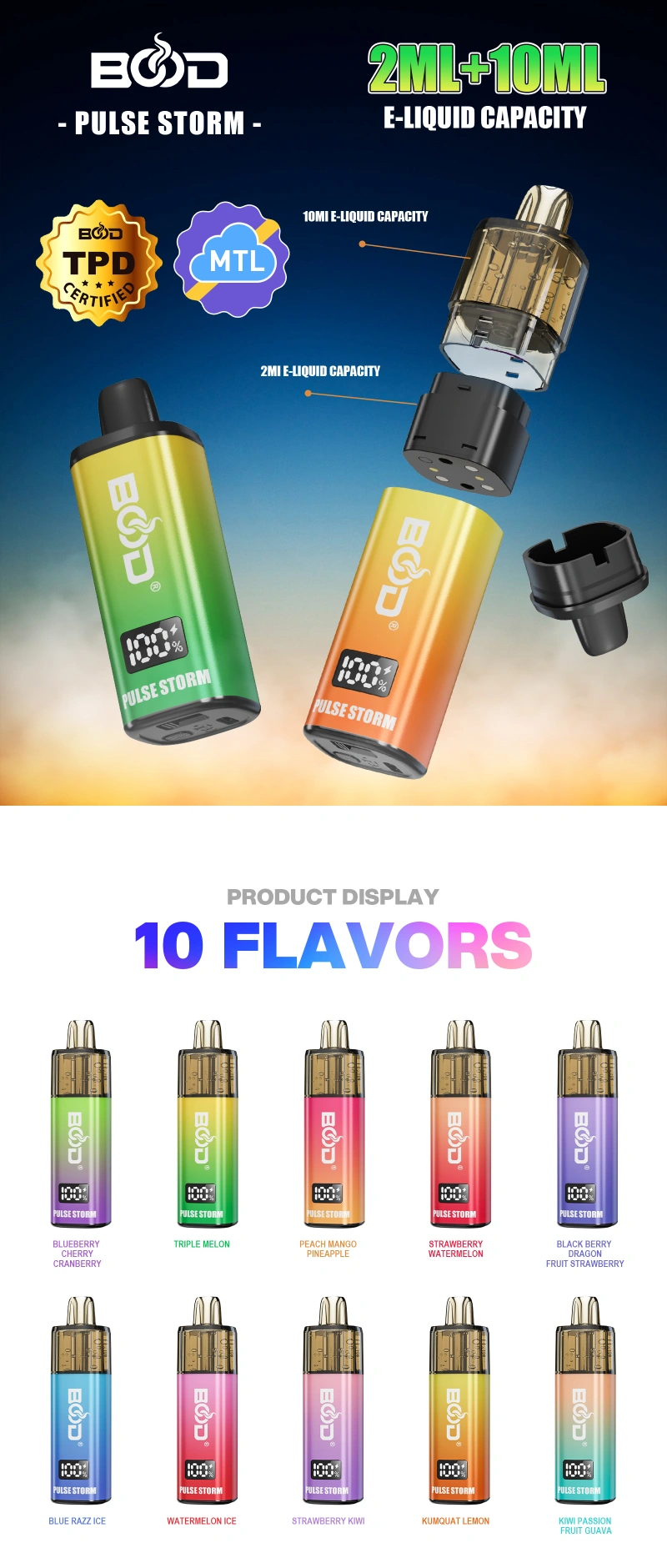 BOOD Pulse Storm 12000 boccate ricaricabili monouso Vape certificato TPD MTL 16 BOOD Pulse Storm 12000 boccate ricaricabili monouso Vape TPD Certified MTL 10