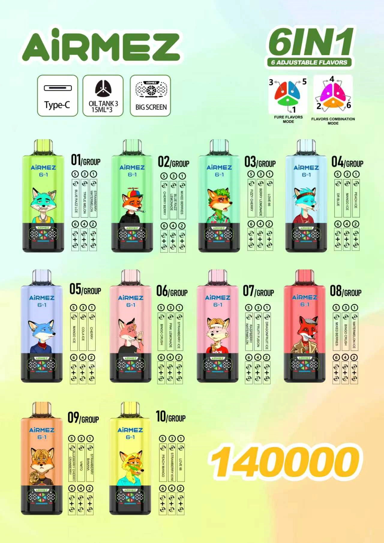 Airmez 140000 Puffs 140k 6 az 1-ben eldobható Vape nagykereskedelmi ingyenes szállítás