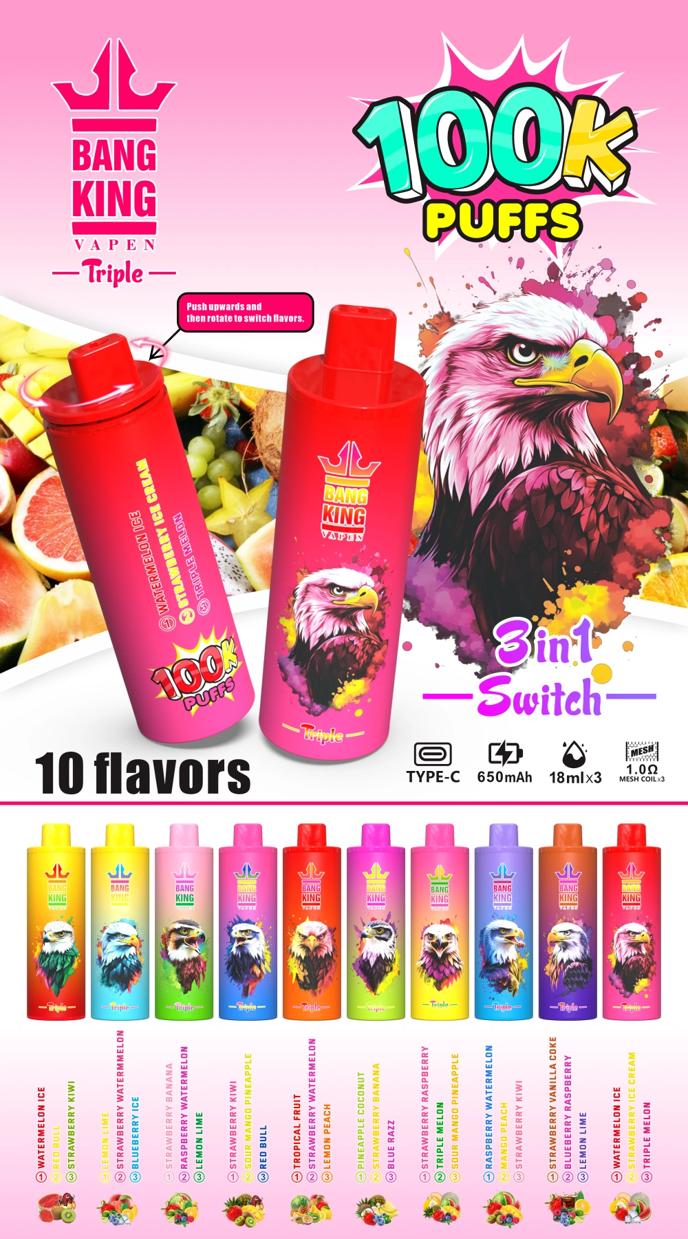Bang King 100k Puffs Triple Flavors 3 in 1 Disposable Vape Wholesale 100000 Puff Vaper