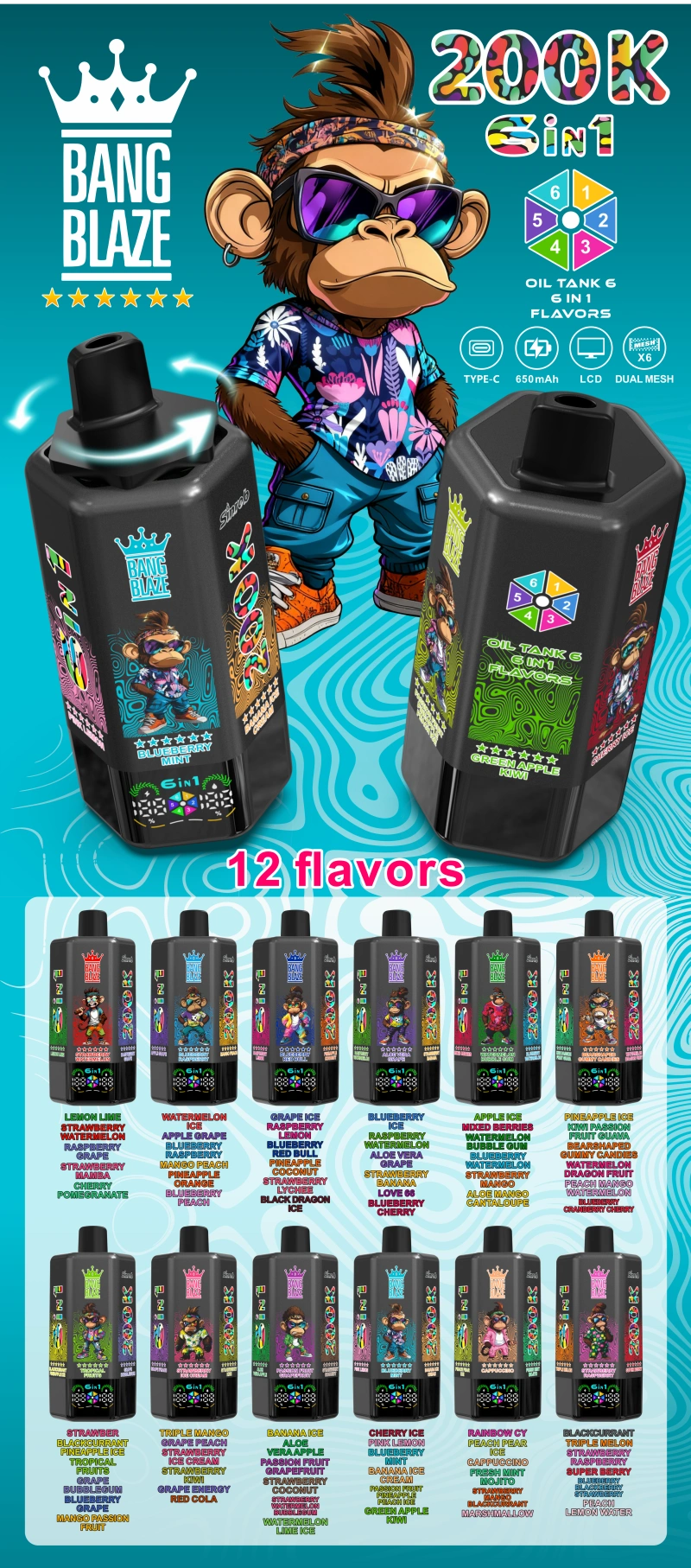 Bang Blaze 200k Puffs 6 in 1 Flavors Disposable Vape 200000 Free Shipping China Warehouse