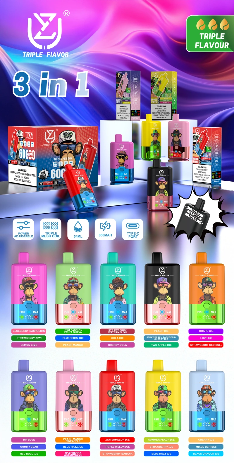 UZY 60000 Puffs Disposable Vape 60k Triple Flavors 3 in 1 Free Shipping EU Warehouse